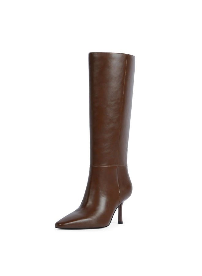 Modatope Knee High Boots Women Square Toe Stiletto Tall Boots Side Zipper Dressy Boot for Women, A-brown, 6 - Image 1