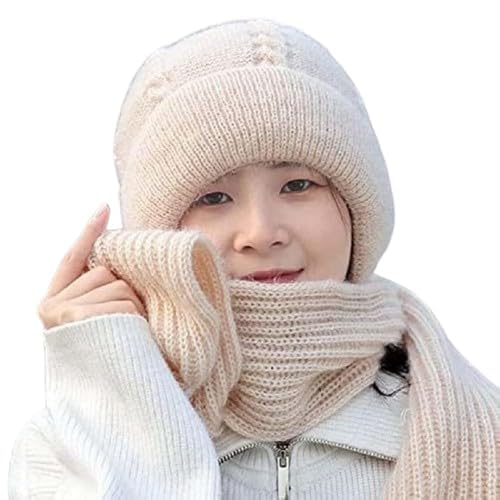 DS ENTERPRISE 2 in 1 Windproof Scarf With Cap Integrated Ear Guard Hat Plus Velvet, Winter Warm Stole Soft Knitted Beanie Hats Scarf- Fur Cap with Stylish Muffler Woolen Caps for Women & Girls (Off -White) - Image 1