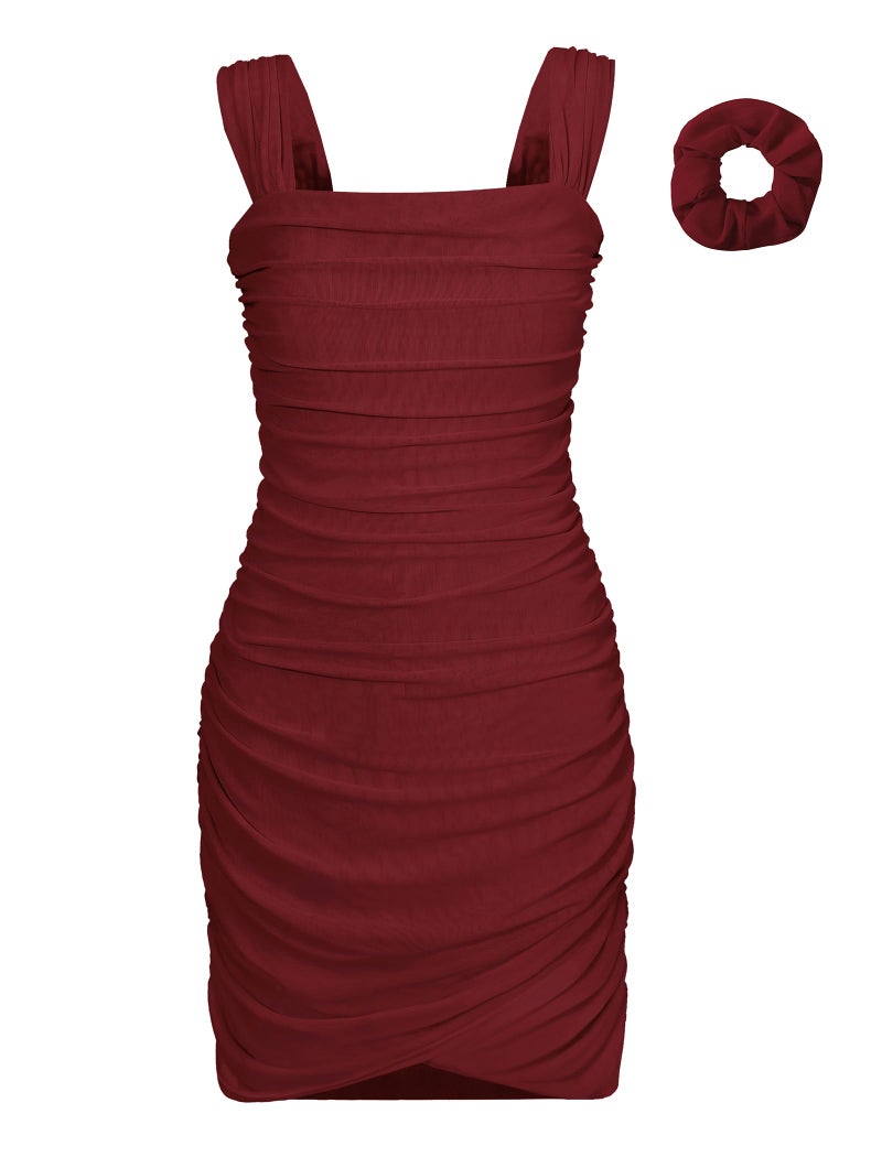 EXARUS Girls Dance Party Dresses Ruched Bodycon Mesh Tight Pencil Summer Slim Fit Soft Comfy Square Neck Front Wrap Hem Sleeveless Strap Mini Tank Dress with Built in Bra Easter Formal WineRed 12Y - Image 1