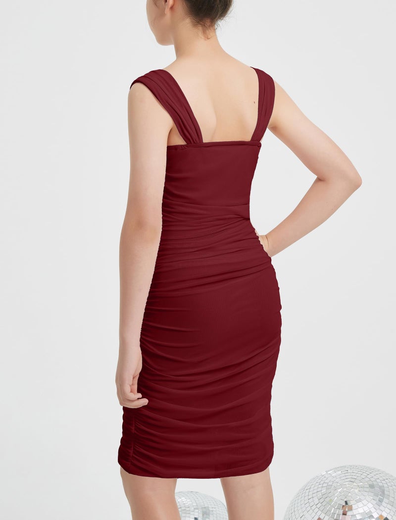 EXARUS Girls Dance Party Dresses Ruched Bodycon Mesh Tight Pencil Summer Slim Fit Soft Comfy Square Neck Front Wrap Hem Sleeveless Strap Mini Tank Dress with Built in Bra Easter Formal WineRed 12Y - Image 2