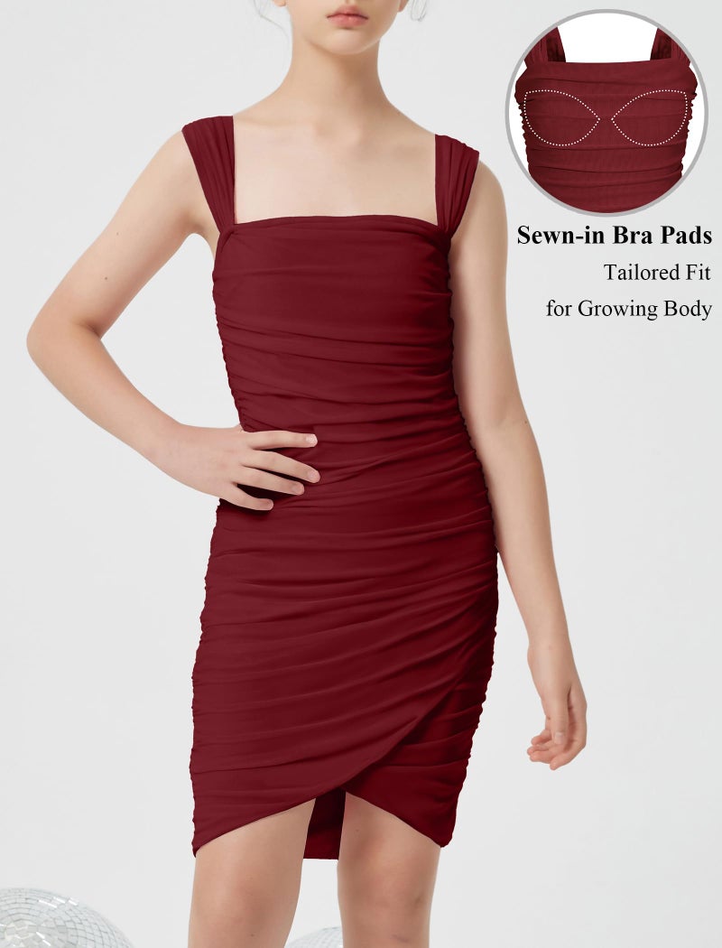EXARUS Girls Dance Party Dresses Ruched Bodycon Mesh Tight Pencil Summer Slim Fit Soft Comfy Square Neck Front Wrap Hem Sleeveless Strap Mini Tank Dress with Built in Bra Easter Formal WineRed 12Y - Image 3