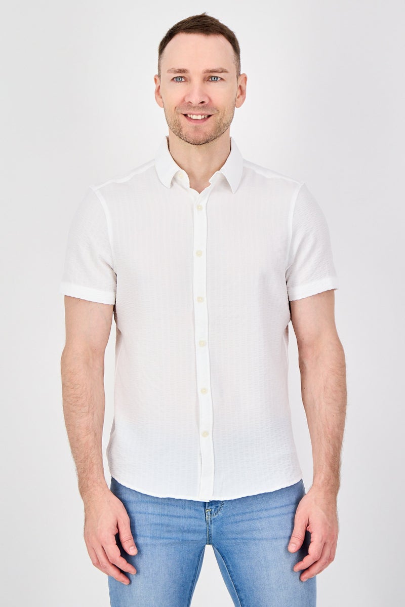 Ike Behar Men Regular Fit Textured Short Sleeve Casual Shirt, White - Image 1