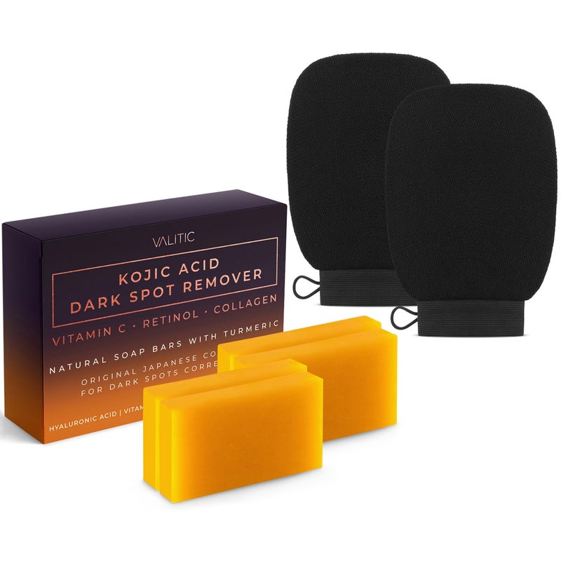 VALITIC 4 Pack Kojic Acid Dark Spot Corrector Soap Bars with Vitamin C, Retinol, Collagen, Turmeric - Original Japanese Complex - Hyaluronic Acid Bundle with 2 Black Exfoliating Gloves for Body Scrub - Image 1