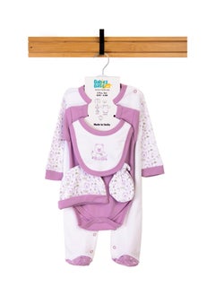 Babies Basic 5 Piece Unisex 100% Cotton Gift Set Include Bib, Romper, Mittens, Cap And Sleepsuit/Jumpsuit- Teddy  - Image 1