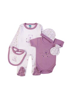 Babies Basic 5 Piece Unisex 100% Cotton Gift Set Include Bib, Romper, Mittens, Cap And Sleepsuit/Jumpsuit- Teddy  - Image 2