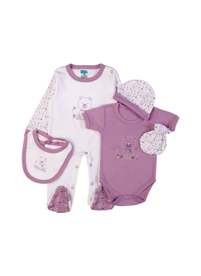 Babies Basic 5 Piece Unisex 100% Cotton Gift Set Include Bib, Romper, Mittens, Cap And Sleepsuit/Jumpsuit- Teddy  - Image 2