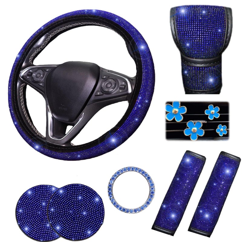AutoCabins 11 pcs Bling Car Accessories Set for Women,Steering Wheel Cover,Sparkly Seat Belt Covers,Daisy Vent Clips,Bling Shift Cover,Car Cup Holder Coaster,Universal Fit Most Cars (Blue Diamond) - Image 1