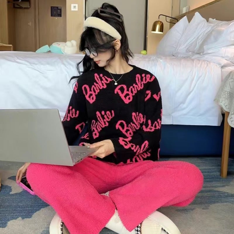 Pajamas Women Soft Half-Side Velvet Thickened Fleece-Lined Sweet Internet Red Coral Velvet Suit - Image 1