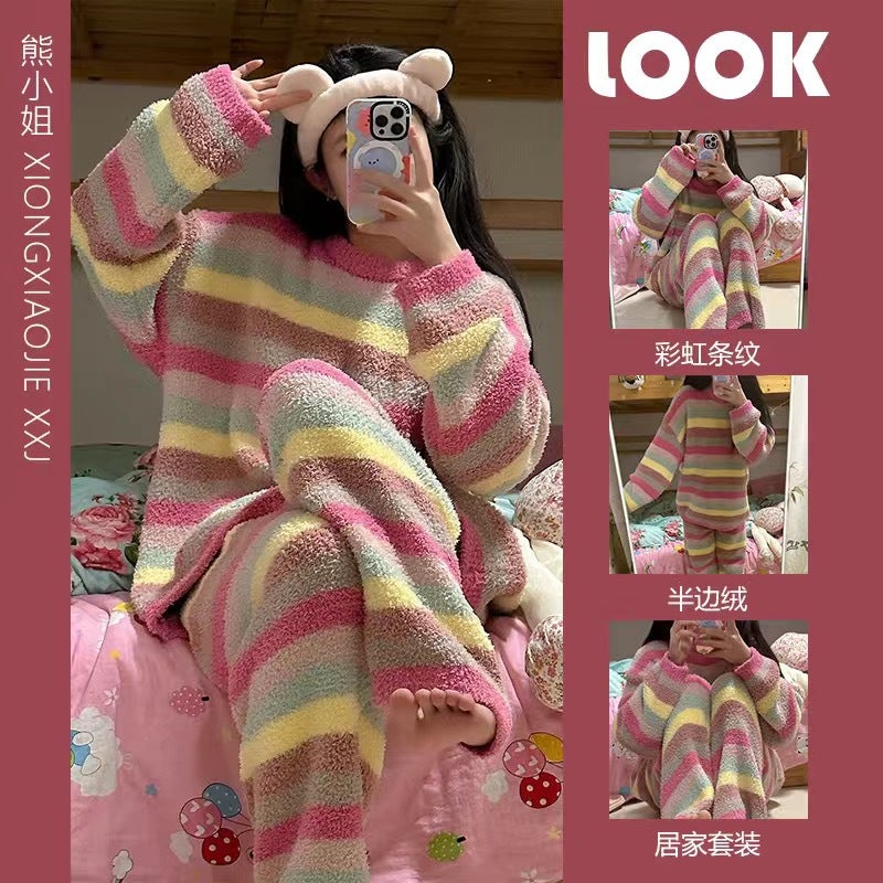 Pajamas Women Soft Half-Side Velvet Thickened Fleece-Lined Sweet Internet Red Coral Velvet Suit - Image 3