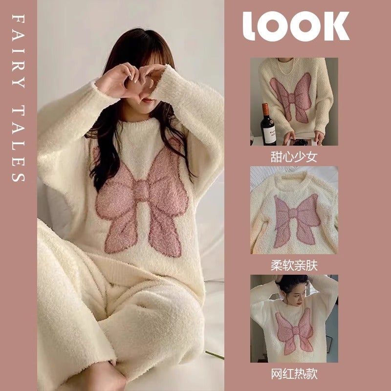 Pajamas Women Soft Half-Side Velvet Thickened Fleece-Lined Sweet Internet Red Coral Velvet Suit - Image 2
