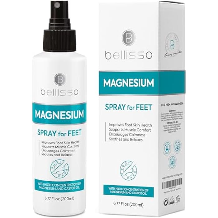 BELLISSO Magnesium Spray for Feet - With Castor Oil- Topical Foot Application for Women, Men, Kids and Adults - Extra Strength with Magnesium Chloride for Leg Spasms, Muscle Cramps and Restless Legs - Image 1