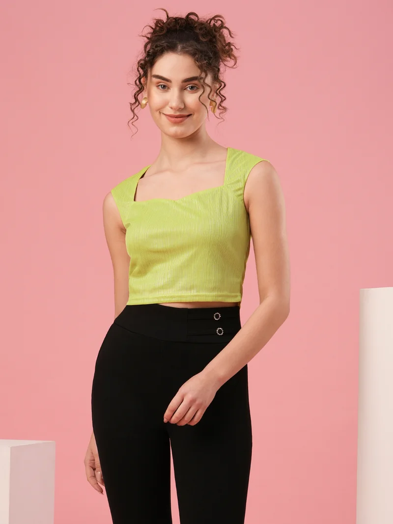 Women Green Sweetheart Neck Sleeveless Opaque Crop Top