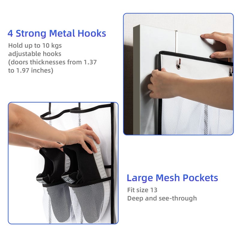 KEEPJOY Over the Door Shoe Organizer, Hanging Shoe Organizer with 4 Hooks, Shoe Holder with 14 Mesh Pockets Closet Door Shoe Storage Bag (White-2Pack) - Image 3