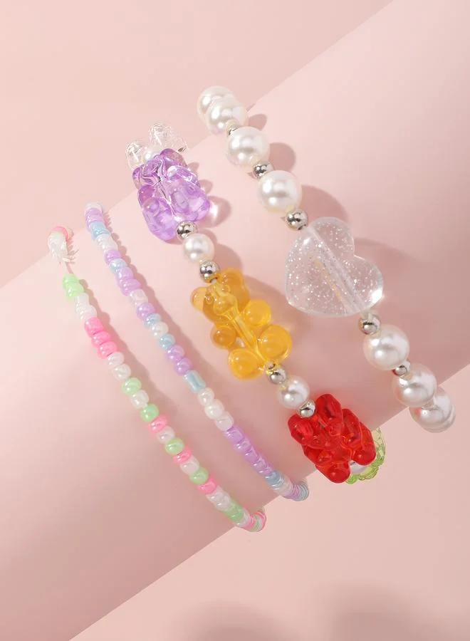 Pack of 4 - Girls Multi-Color Beaded Bracelets with Charms