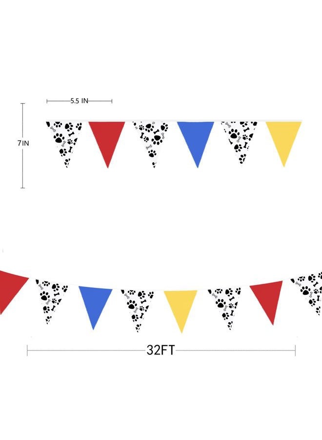 pinkblume 32Ft Paw Patrol Party Decorations Red Blue Yellow Puppy Paw Print Fabric Banner Triangle Pennant Flag Garland Streamers for Kids Dog Paw Birthday Baby Shower Bluey Party Outdoor Garden Decor Supplies - Image 2