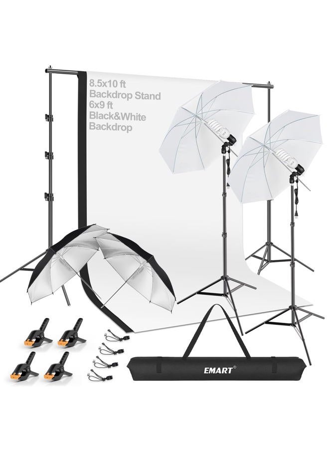 Emart 400W 5500K Daylight Umbrella Continuous Lighting Kit, 8.5x10ft Background Support System with 2 Muslin backdrops (Black and White) for Photo Studio Product, Portrait and Video Shoot Photography - Image 1