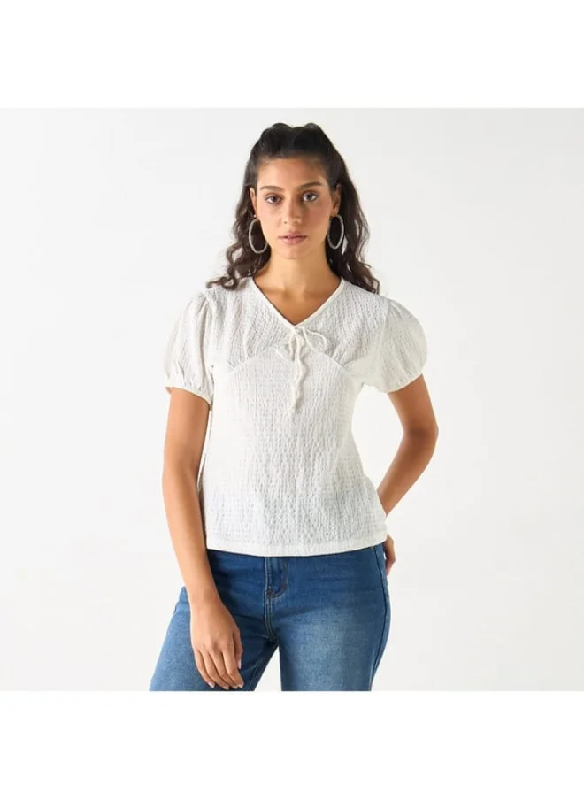2Xtremz 2Xtremz Textured Top with Tie-Up Neck and Short Sleeves