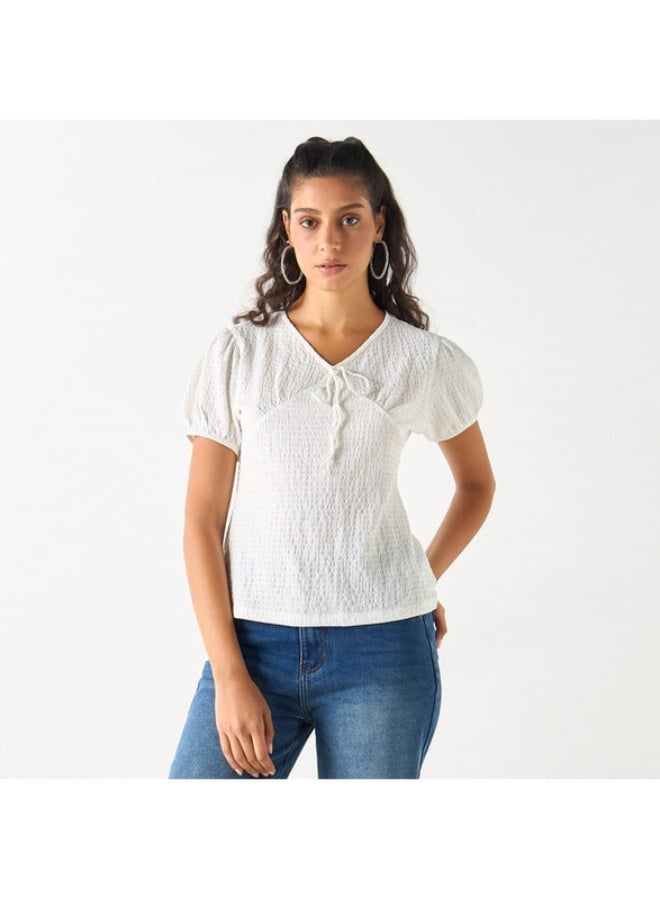 2Xtremz 2Xtremz Textured Top with Tie-Up Neck and Short Sleeves  - Image 4