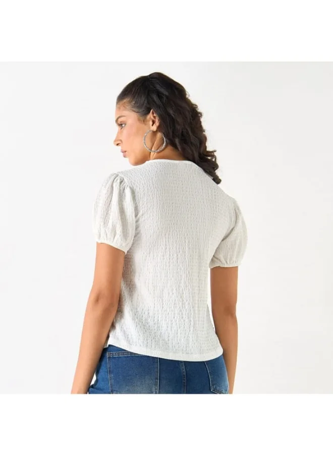 2Xtremz 2Xtremz Textured Top with Tie-Up Neck and Short Sleeves