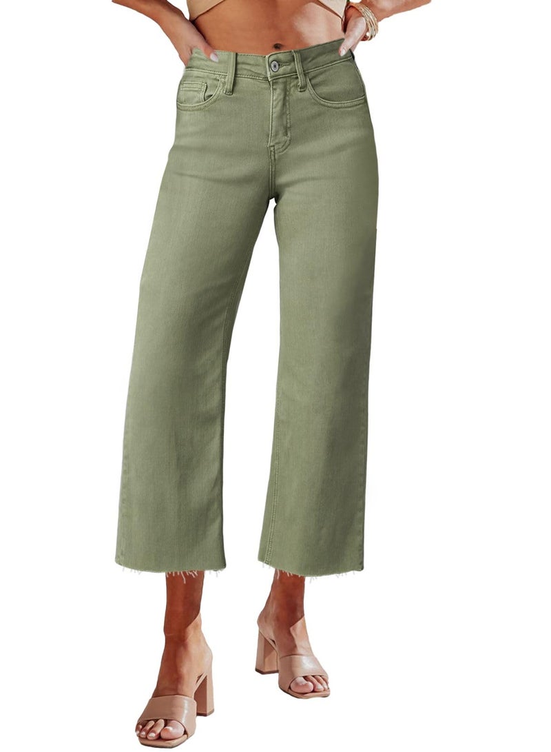 Allimy Women's High Waisted Straight Ankle Wide Leg Ripped Jeans Frayed Hem Stretchy Capri Denim Pants Olive Size 10