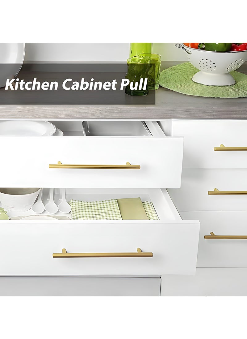 FIRST PRO - 10 Pack Kitchen Cabinet Handles, 96mm Golden Brass Brushed Kitchen Door Handles, 150mm Hole Center T Bar Drawer Cupboard Handles with Screws, Kitchen Drawer Pulls- Bathroom Bedroom Wardrobe - Image 1