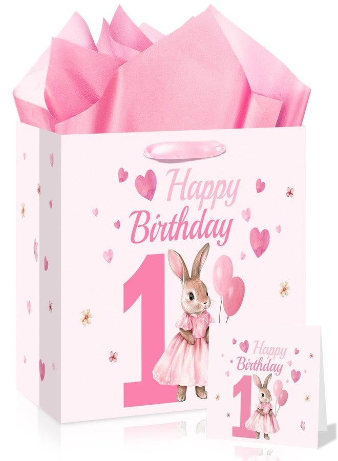 Woosytoo "Some Bunny is One" 1st Birthday Girl Gift Bag with Tissue Paper (11.8"x9.4"x5.3", Pink Bunny First Birthday Decorations Large Favor Bags with Ribbon Slot Handles, One Year Old Wrapping Paper Bag - Image 1