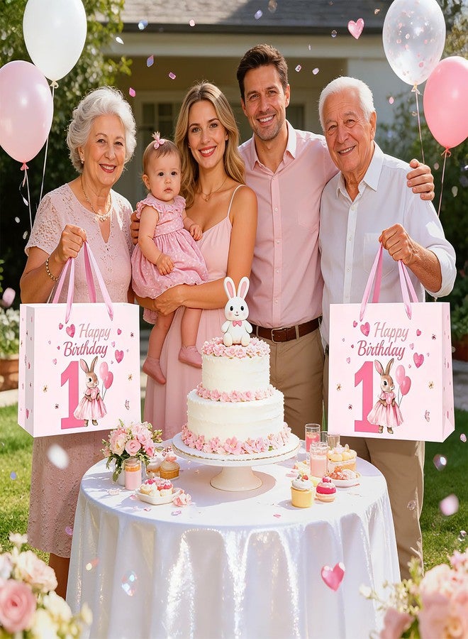 Woosytoo "Some Bunny is One" 1st Birthday Girl Gift Bag with Tissue Paper (11.8"x9.4"x5.3", Pink Bunny First Birthday Decorations Large Favor Bags with Ribbon Slot Handles, One Year Old Wrapping Paper Bag - Image 4