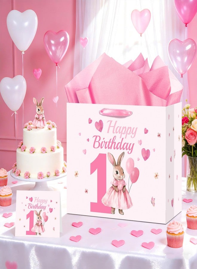 Woosytoo "Some Bunny is One" 1st Birthday Girl Gift Bag with Tissue Paper (11.8"x9.4"x5.3", Pink Bunny First Birthday Decorations Large Favor Bags with Ribbon Slot Handles, One Year Old Wrapping Paper Bag - Image 3