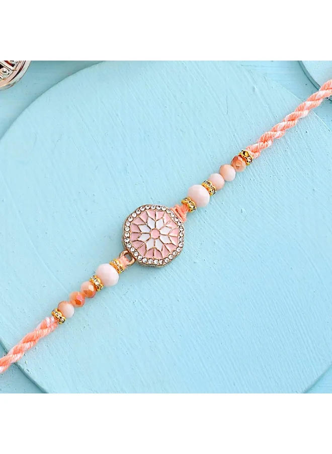 VOYLLA Men'S Orange Thread Traditional Design White Pearls Rakhi