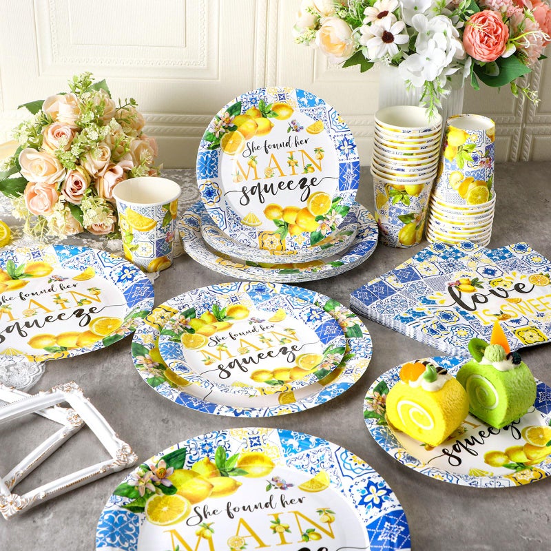 Zhehao 250 Pcs Lemon Bridal Shower Plates Napkins Sets 50 Pcs 9'' Dinner Plates and 7'' Dessert Plate and 9oz Cups 100 Napkins Serves 50 Party Supplies Bridal Shower Engagement Decoration - Image 2