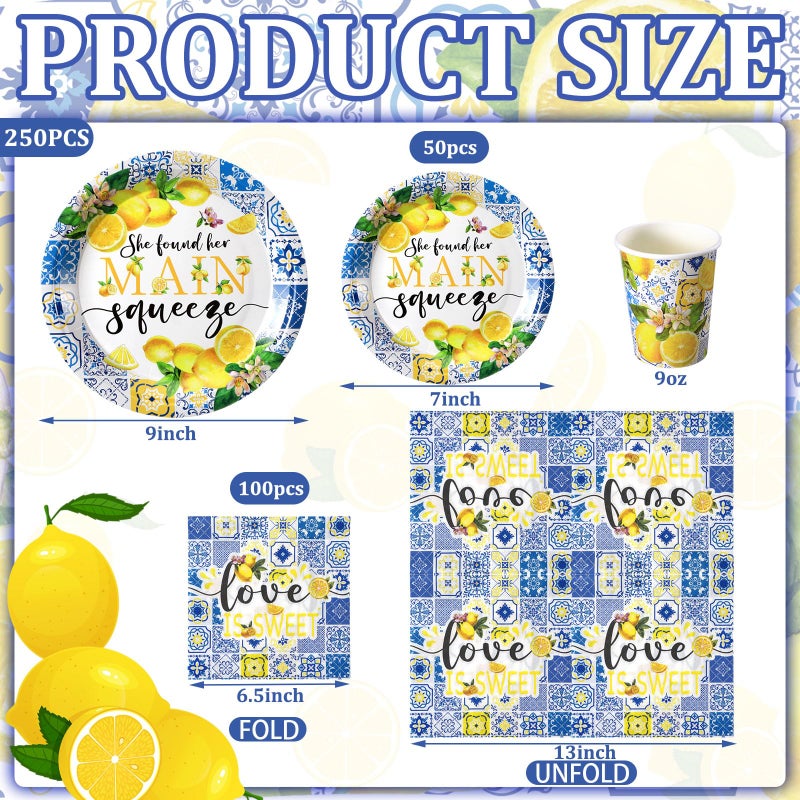 Zhehao 250 Pcs Lemon Bridal Shower Plates Napkins Sets 50 Pcs 9'' Dinner Plates and 7'' Dessert Plate and 9oz Cups 100 Napkins Serves 50 Party Supplies Bridal Shower Engagement Decoration - Image 3