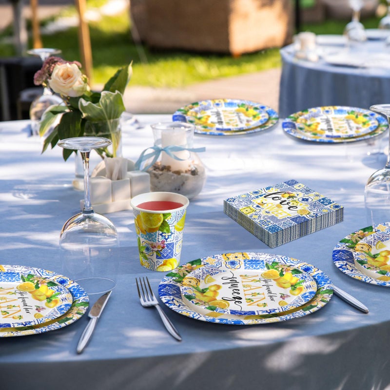 Zhehao 250 Pcs Lemon Bridal Shower Plates Napkins Sets 50 Pcs 9'' Dinner Plates and 7'' Dessert Plate and 9oz Cups 100 Napkins Serves 50 Party Supplies Bridal Shower Engagement Decoration - Image 4