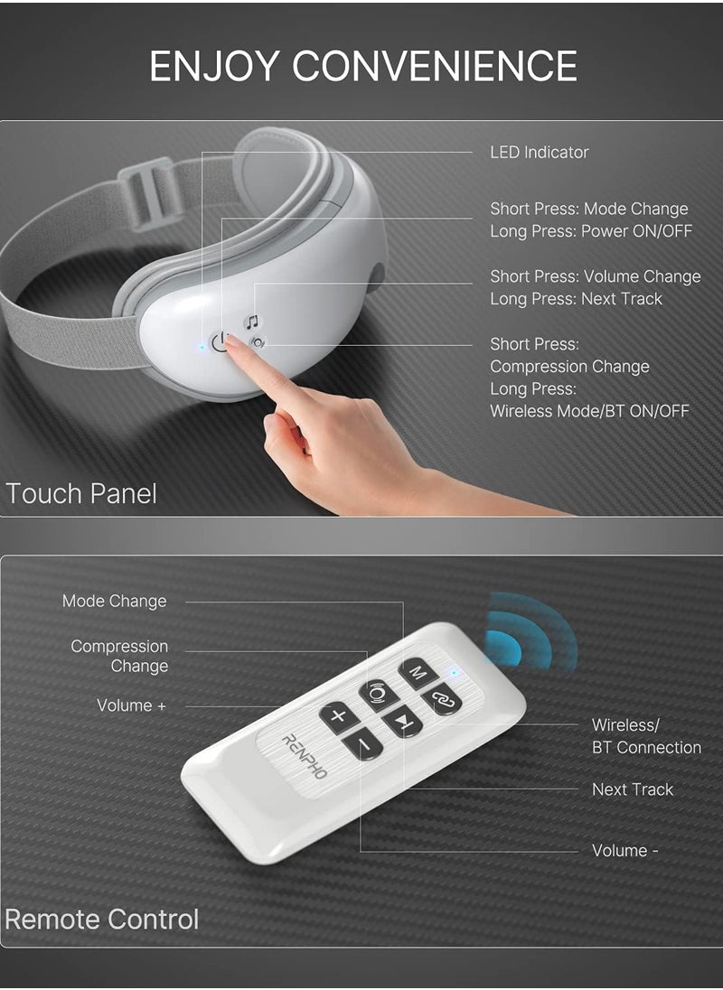 RENPHO - Eye Massager With Heat And Vibration, Remote Control, Compression Bluetooth Music Temple Eye Massage Mask Rechargeable-White - Image 1