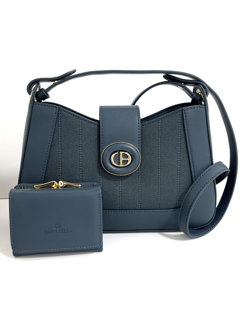 CHRISBELLA Handbag with detachable Strap and mini Wallet. Colour: Navy. dimensions:28x 8X17 cm - Image 2