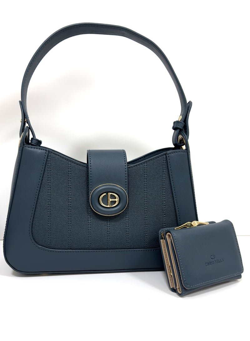 CHRISBELLA Handbag with detachable Strap and mini Wallet. Colour: Navy. dimensions:28x 8X17 cm - Image 3