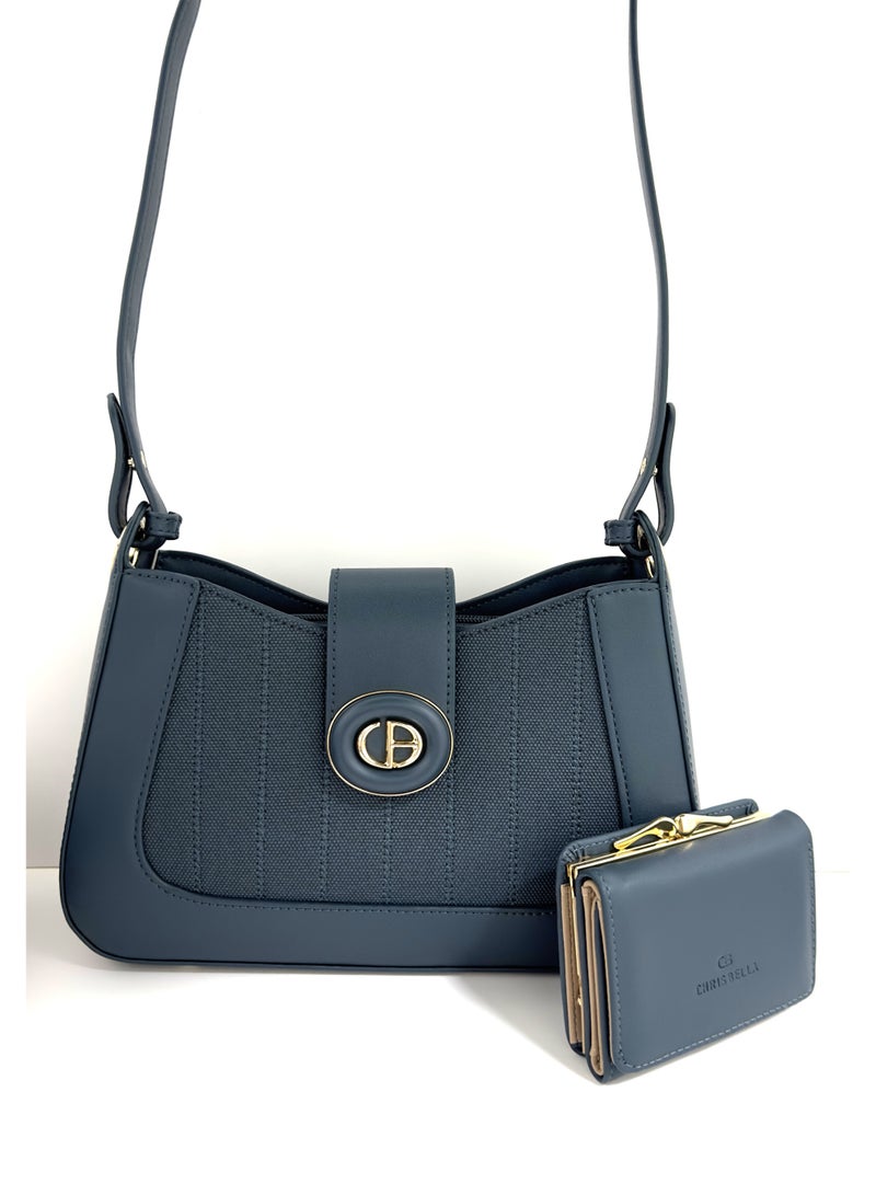 CHRISBELLA Handbag with detachable Strap and mini Wallet. Colour: Navy. dimensions:28x 8X17 cm - Image 1