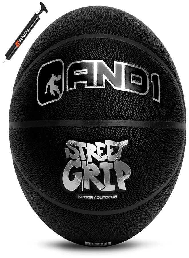 AND1 Street Grip Premium Composite Leather Basketball & Pump- Official Size 7 (29.5”) Streetball, Made for Indoor and Outdoor Basketball Games (Black) - Image 1