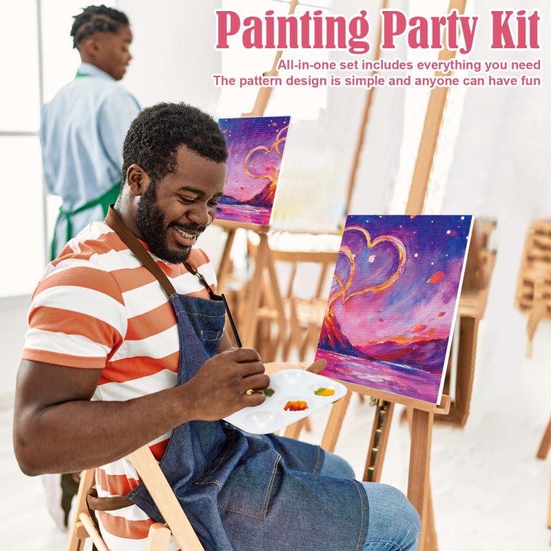 Vochic 2 Pack Sip And Paint Kit Pre Drawn Canvas For Painting For Adults Couples Date Night Games Outline Canvas Party Art Set Paints Brushes Pallets Valentine (8X10 Inches  Volcano And Heart) - Image 3