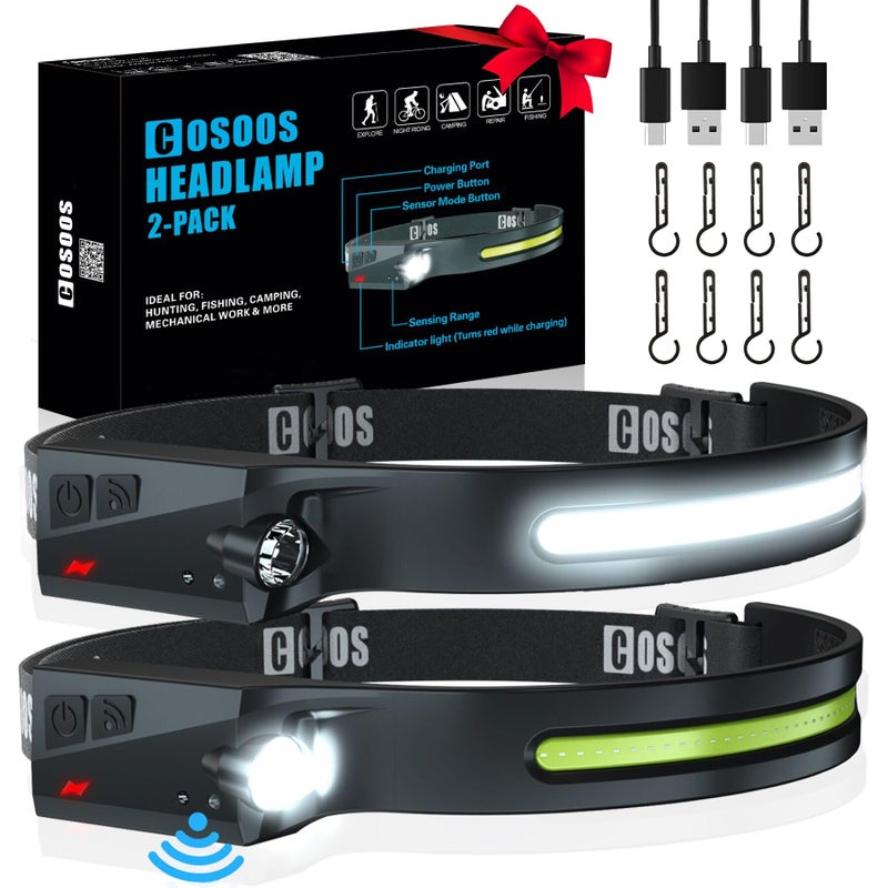 COSOOS COSOOS Original 2 Rechargeable Headlamps, Bright LED Headlamp Flashlight 1000 Lumen, 230 ° Wide Beam & Spot Light, Motion Sensor, 2.4 oz Head Lamp with Clips for Hardhat, Camping, Hiking  - Image 1