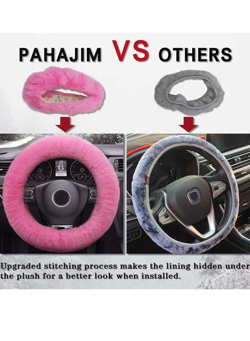 Pahajim Fluffy Steering Wheel Covers Soft Furry Car Anti skid Plush Steering Wheel Cover Warm Wool Universal 36 39cm Winter Car Decoration for Women Pink - Image 3