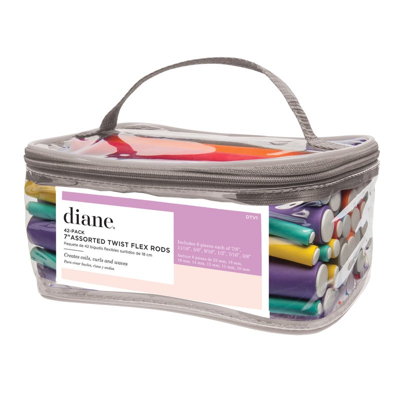 Diane Diane Twist-Flex Rods for Coils, Curls, and Waves, Assorted Flexible Hair Rollers for All Hair Types, Includes Small, Medium, and Large Sizes with Reusable Zip Pouch for Easy Storage, Pack of 42 