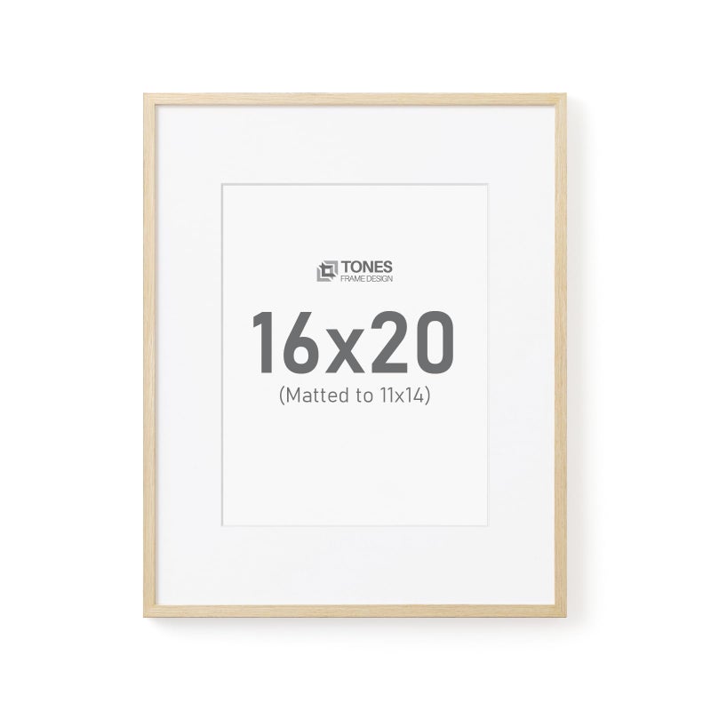 TONES FRAME DESIGN 16x20 Picture Frame Matted to 11x14 Natural Solid Wood Veneer Finish and Plexiglass Front Large Picture frames for Poster Gallery Wall Home Decor