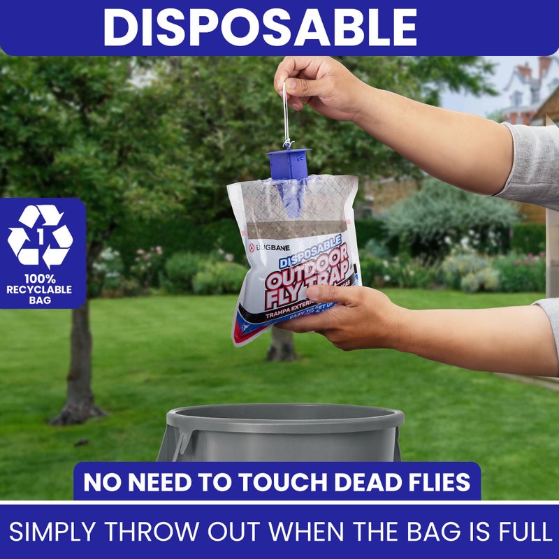 BugBane Fly Traps Outdoor Fly Trap for Patio. 4 Non-Toxic Pre-Baited Flies Bags Outdoor Disposable. Hanging Bug Catchers for All Filth Flies Killer for Outside Bug Control in Yard Horse Ranch Trash Can - Image 5