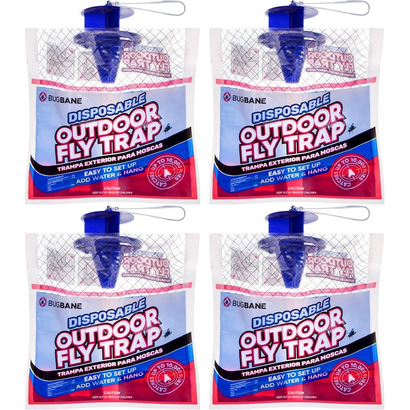 BugBane Fly Traps Outdoor Fly Trap for Patio. 4 Non-Toxic Pre-Baited Flies Bags Outdoor Disposable. Hanging Bug Catchers for All Filth Flies Killer for Outside Bug Control in Yard Horse Ranch Trash Can - Image 1