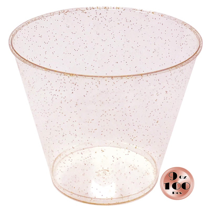 JL Prime 100 Rose Gold Glitter Plastic Cups  9 Oz Reusable and Recyclable  Elegant Rose Gold Glitter Tumblers for Weddings Anniversaries Showers Parties  Small Drinking Cups