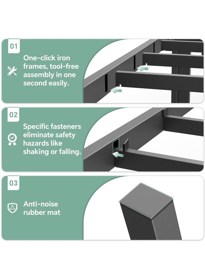 والالا إطار سرير معدني مقاس كوين بارتفاع 203 × 152 سم مع مساحة تخزين، لا حاجة إلى زنبرك صندوقي مع دعم شرائح فولاذية قوية، قاعدة مرتبة متينة شديدة التحمل، سهلة التركيب، لون أسود لغرفة النوم - Image 5