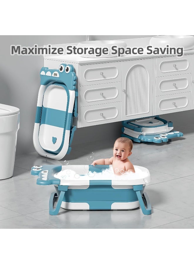 MoreFeel Collapsible Baby Bathtub for Newborn with Thermometer & 1 Soft Floating Cushion, Blue - Image 5