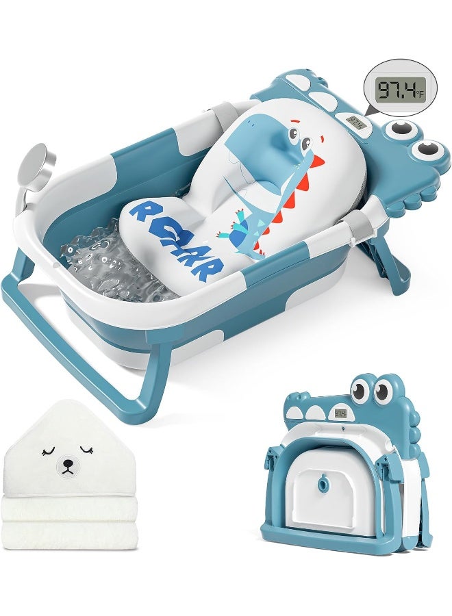 MoreFeel Collapsible Baby Bathtub for Newborn with Thermometer & 1 Soft Floating Cushion, Blue - Image 1