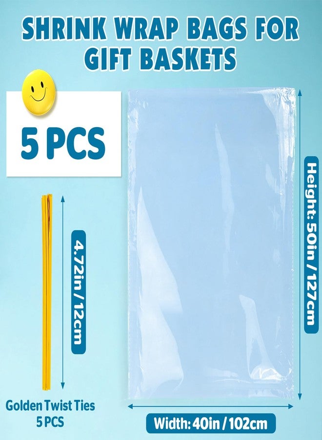 NUITPY 5 Pcs Extra Large Shrink Wrap Bags, 40x50 Inches Shrink Cellophane Bags for Gift Baskets, Durable Clear Shrink Gift Bags for Easter, Birthday, Holiday Wrapping - Complimentary 5 Pcs Golden Twist Ties - Image 2