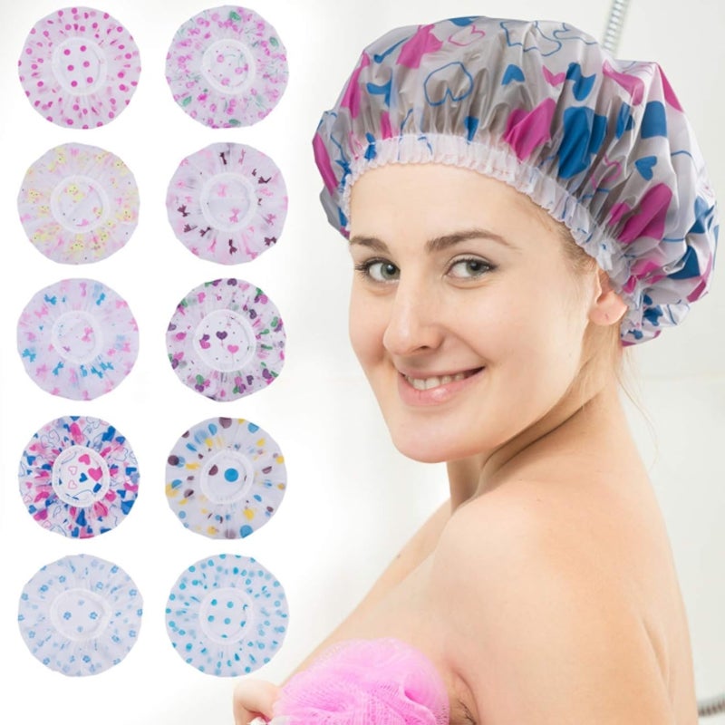 Shower Cap for Women, Reusable Waterproof Elastic Eva Free-Size Bathroom Shower Caps - For Homes, Spas, Salons, Hair Treatment, Beauty Parlors (multicolored and print,PACK OF 6)